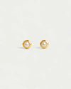 Pair of gold earrings with pearl centers on a light gray background
