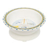 A white melamine suction bowl with blue and yellow trim and a character illustration in the center.