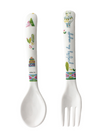 Spoon and fork set with decorative handles on a white background