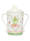 View of a white sippy cup with a picture of a cartoon dancing ballerina frog on the front.