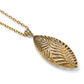 Close up picture of a gold leaf necklace on a gold chain
