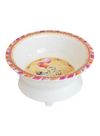 Decorative bowl with colourful rim and cartoon design on a white background