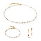 Set of pearl and rose quartz jewelry including a necklace, bracelet, and earrings on a white background