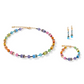 View of the matching set of the GeoCUBE collection in rainbow, featuring a necklace, earrings and a bracelet.