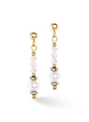 Front view of gold dangle earrings with pearl accents