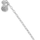 View of a silver chain bracelet with a lobster claw clasp and two swirled medallion charms.