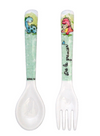 Spoon and fork set with dinosaur designs on handles against a white background