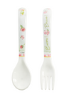 Spoon and fork set with floral designs on white background
