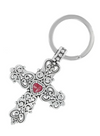 Front view of a silver cross key chain with a red heart in the middle