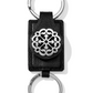 Front view of a black leather double sided key chain