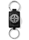 Front view of a black leather double sided key chain