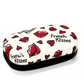 Closed view of a compact white box with a patterned top of cartoon red lips and the words "French Kisses"