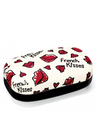 Closed view of a compact white box with a patterned top of cartoon red lips and the words "French Kisses"