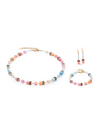 View of a GeoCUBE set in the colour aqua and apricot featuring a necklace, earrings and a bracelet.