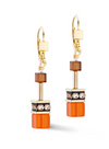 Front view of the GeoCUBE sunset earrings with gold accents.