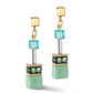 View of a pair of earrings in turquoise and gold 