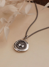 Silver necklace with a round pendant on a beige surface with dried leaves.