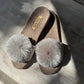 LA-A-SOLE POM POM SLIDES, SIZE MEDIUM SILVER POM