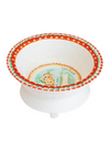 Decorative melamine bowl with colourful rim and cartoon character on a white background