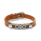 Front view of a bourbon leather bracelet with a silver interlock design on the front and a silver pin buckle on the back.