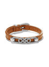 Front view of a bourbon leather bracelet with a silver interlock design on the front and a silver pin buckle on the back.