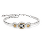 Front view of a silver bracelet with gold accents.