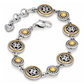 Angled view of a silver and gold bracelet with a circular design and a lobster claw closure 