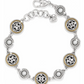 Top view of a silver and gold bracelet with a circular design and a lobster claw closure 