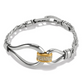 Front view of a silver bracelet with a gold accent with crystals