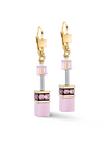 Pair of gold and pink earrings on a white background