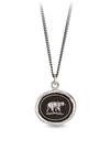 View of a silver pendant necklace with a bear on the medallion.