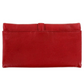 Back view of a red leather wallet with silver accents.