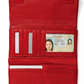 Open view of a red leather wallet with silver accents.