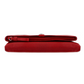 Bottom view of a red leather wallet with silver accents.