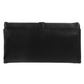 Back view of a black leather wallet with silver accents.
