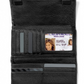 Open view of a black leather wallet with silver accents.