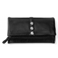 Front view of a black leather wallet with silver accents.