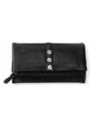 Front view of a black leather wallet with silver accents.