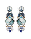 Pair of long earrings with blue, white  and patterned stones on a white background