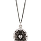 Silver necklace with a pendant featuring a heart design on a white background