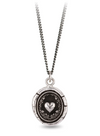 Silver necklace with a pendant featuring a heart design on a white background