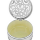 Open view of a silver plated trinket box with a gem accent on the latch and an intricate swirl and floral accents.