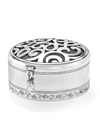 Silver plated trinket box with a gem accent on the latch and an intricate swirl and floral accents.