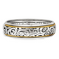Front view of a silver swirl design bangle with a gold outline.