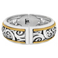 Side view of a silver swirl design bangle with a gold outline.
