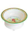 Children's bowl with dinosaur design and colourful rim on a white background