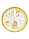 Children's plate with teddy bear and honeycomb design on a white background