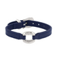 Front view of a navy blue leather bracelet with a silver circular embellishment and buckle