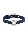 Front view of a navy blue leather bracelet with a silver circular embellishment and buckle